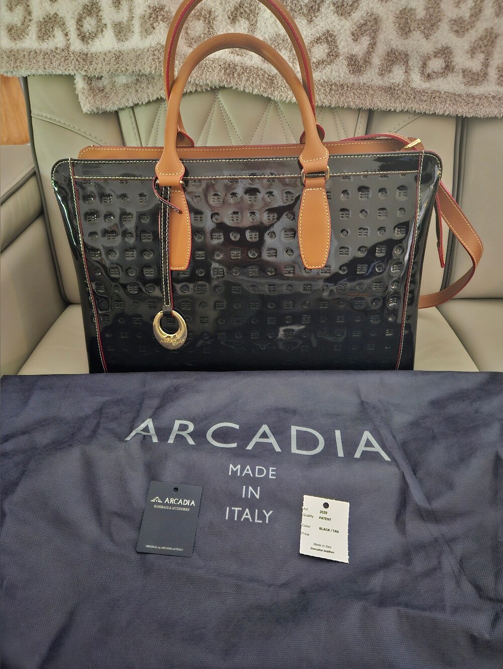 Arcadia Black Patent Tote with Tan  Trim
